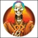 A skeleton with long hair holding pretzels

Description automatically generated