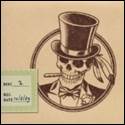 A skull in a top hat and bow tie with a label

Description automatically generated