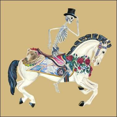 A skeleton riding a horse

Description automatically generated