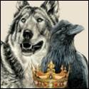 A wolf and a crow with a crown

Description automatically generated