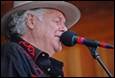 A person in a hat singing into a microphone

Description automatically generated